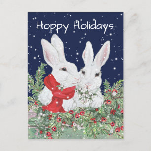 Christmas Bunny Rabbits Snowy Holly Berry Holiday