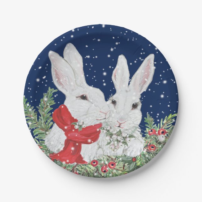 Christmas Bunny Rabbits Winter Holiday Blue Cute Paper Plate (Front)