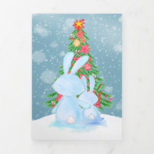Christmas Bunny Rabbits With Tree Personalised Tri-Fold Holiday Card