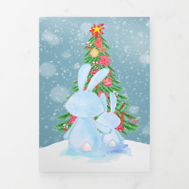 Christmas Bunny Rabbits With Tree Personalised Tri-Fold Holiday Card (Cover)