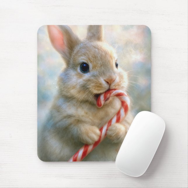 Christmas Bunny With Candy Cane Mouse Mat (With Mouse)