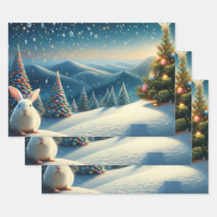 Christmas Bunny with Decorated Christmas Tree Wrapping Paper Sheet
