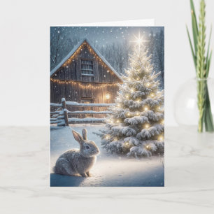 Christmas Bunny With Glowing Tree and Barn Card