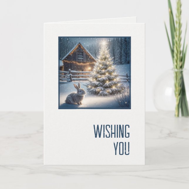 Christmas Bunny With Glowing Tree and Barn Card (Front)