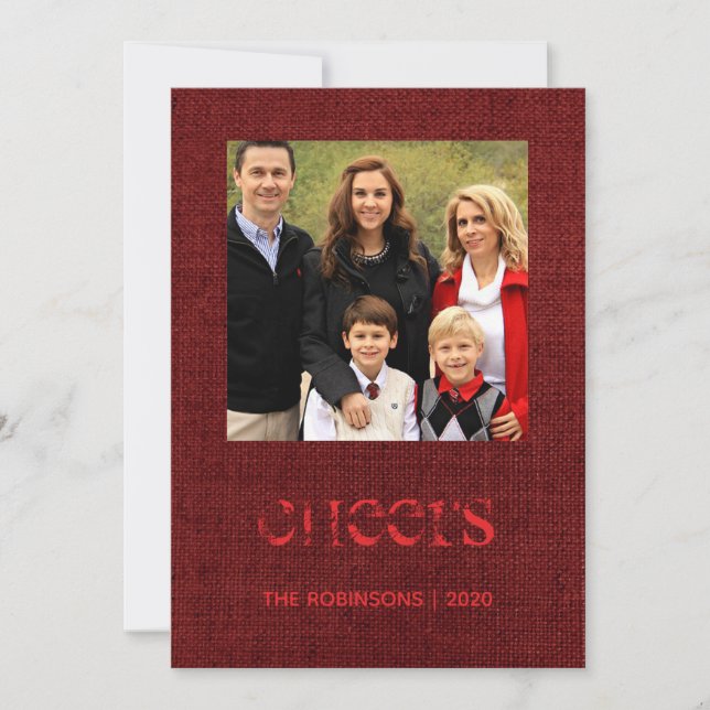 Christmas Burgundy Burlap Snowflakes Family Photo Holiday Card (Front)