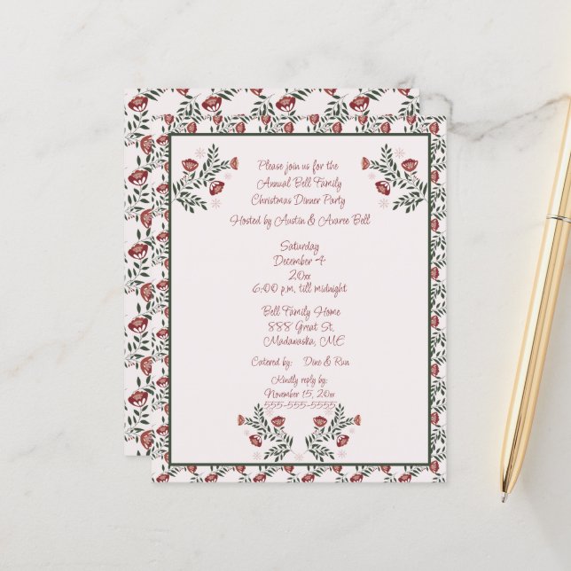 Christmas  Burgundy Floral Scandinavian Folk Art  (Front/Back In Situ)