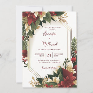 Christmas Burgundy Gold Floral Poinsettia Wedding Invitation