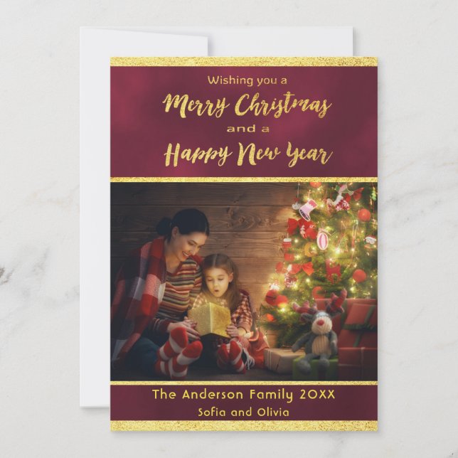 Christmas burgundy gold stars photo card (Front)