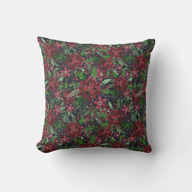 Christmas Burgundy Poinsettia Flowers Watercolor Cushion (Front)