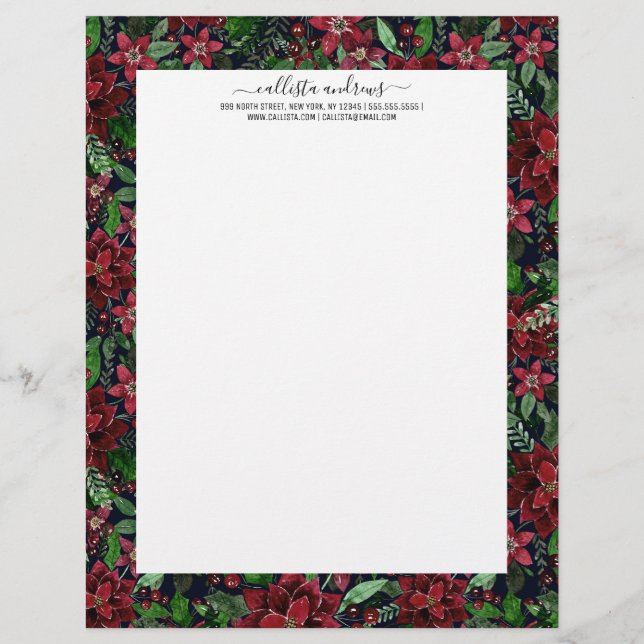 Christmas Burgundy Poinsettia Flowers Watercolor Custom Letterhead (Front)