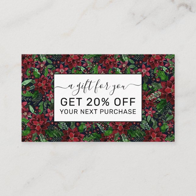 Christmas Burgundy Poinsettia Flowers Watercolor Discount Card (Front)
