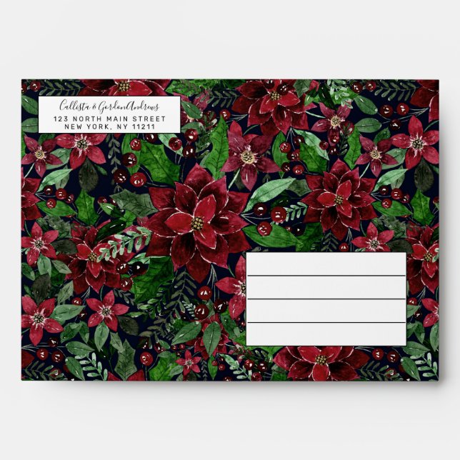 Christmas Burgundy Poinsettia Flowers Watercolor Envelope (Front)