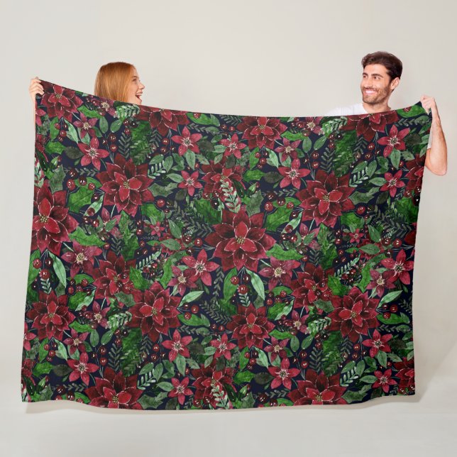 Christmas Burgundy Poinsettia Flowers Watercolor Fleece Blanket (In Situ)