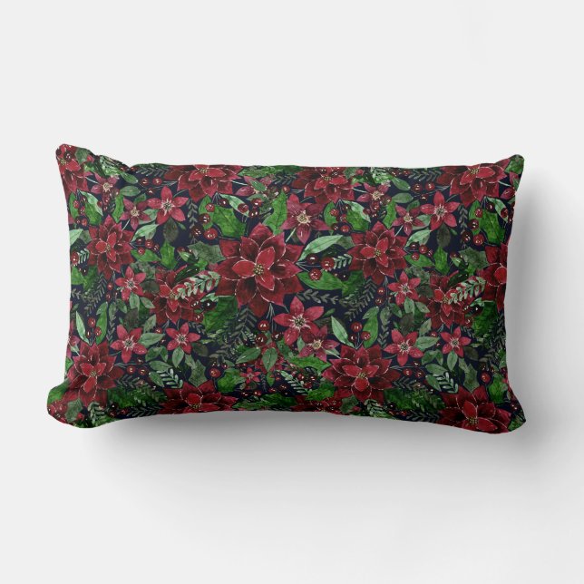 Christmas Burgundy Poinsettia Flowers Watercolor Lumbar Cushion (Front)