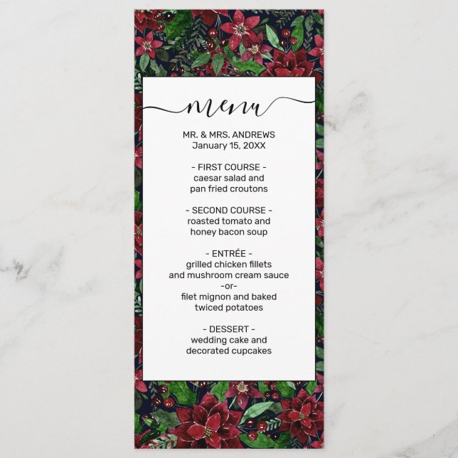 Christmas Burgundy Poinsettia Flowers Watercolor Menu (Front)