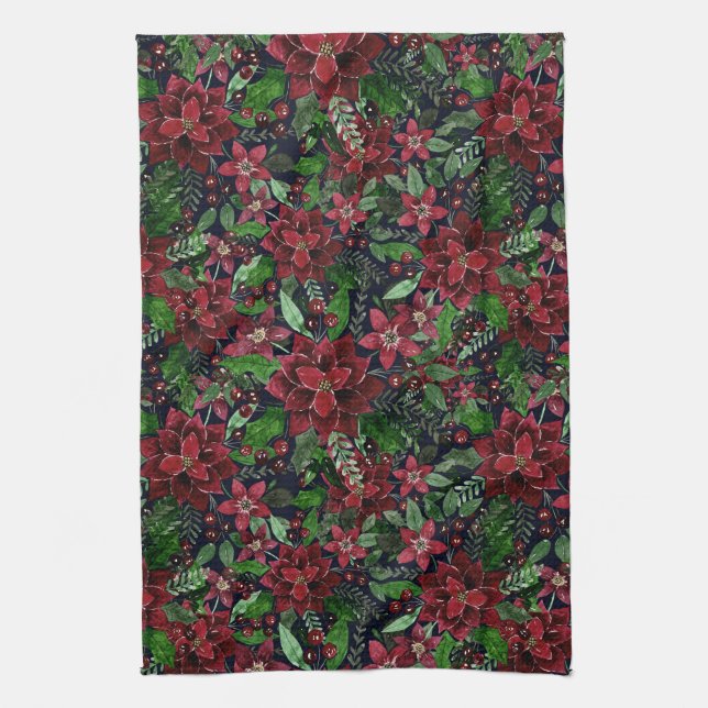 Christmas Burgundy Poinsettia Flowers Watercolor Tea Towel (Vertical)