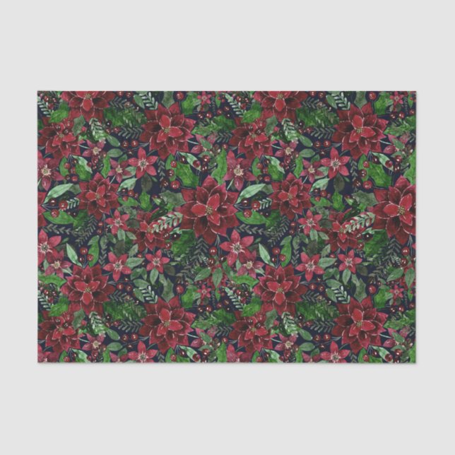 Christmas Burgundy Poinsettia Flowers Watercolor Tissue Paper (Front)