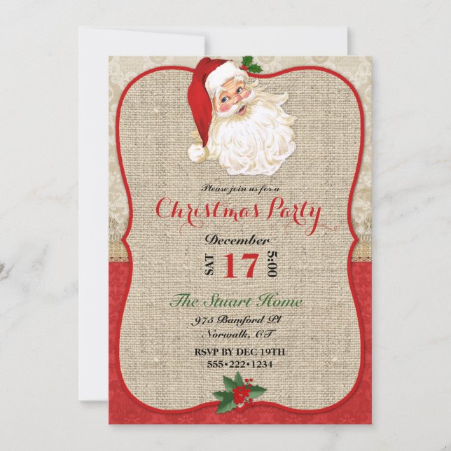 Christmas Burlap Damask Santa Claus  Invitation (Front)
