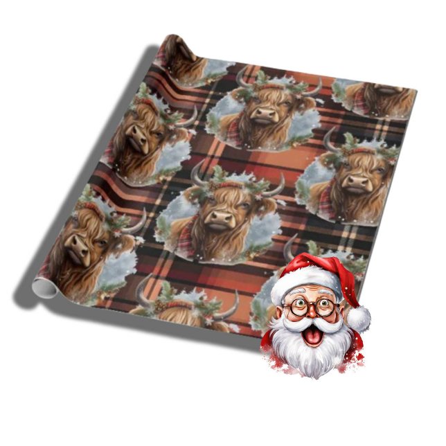 Christmas burnt orange Tartan Highlander Cow  Wrapping Paper (Merry Christmas)
