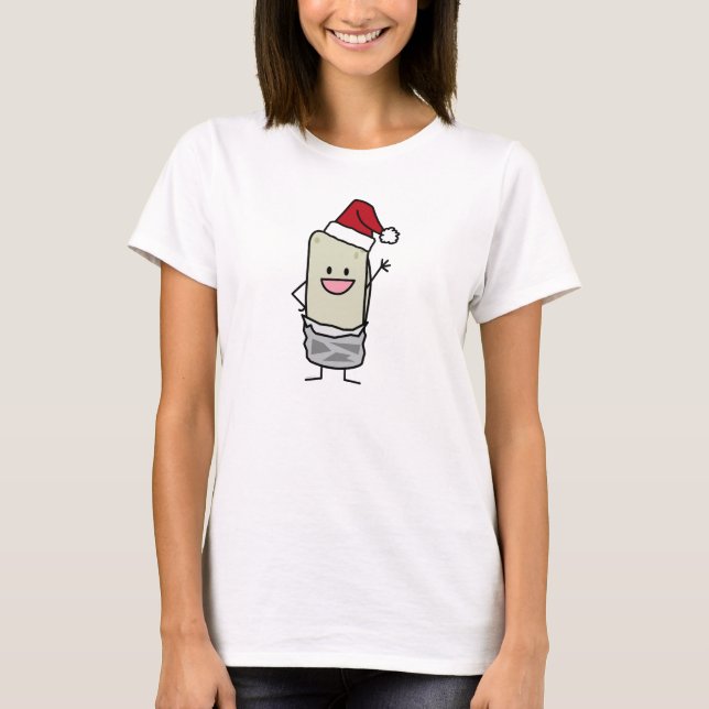 Christmas Burrito Waving Hello Santa Hat T-Shirt (Front)