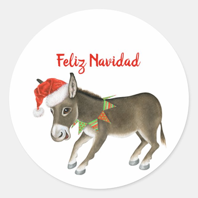 Christmas Burro Feliz Navidad Customisable Classic Round Sticker (Front)