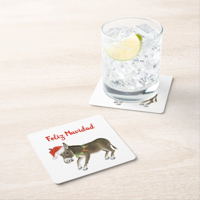 Christmas Burro Feliz Navidad Customisable Square Paper Coaster (Insitu)