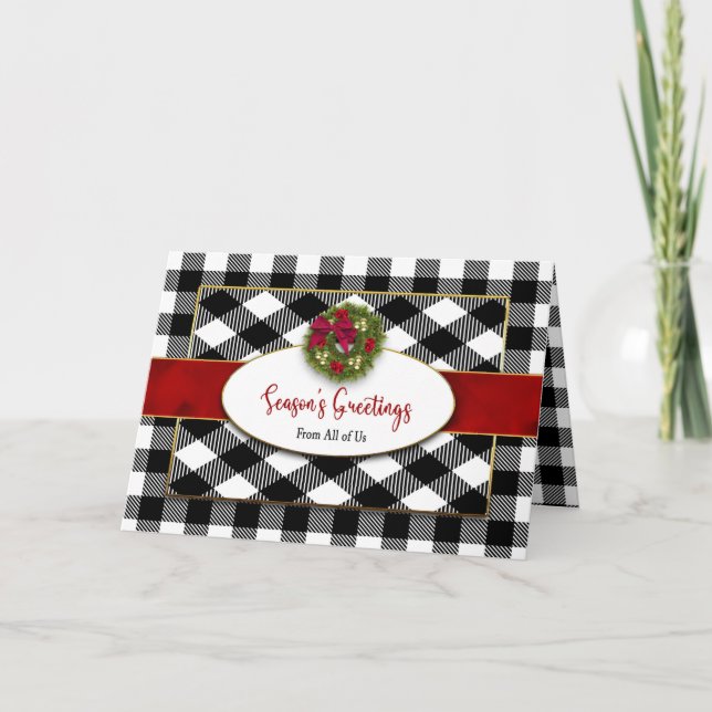 Christmas Business Black White Plaid w/Wreath Card (Front)