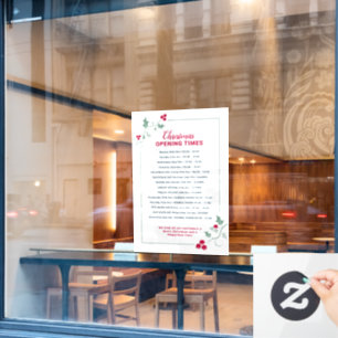 Christmas business opening times, green red holly window cling