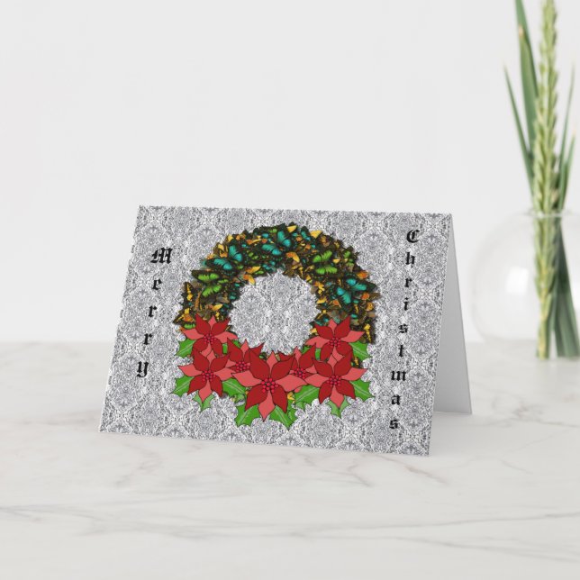 Christmas Butterfly Poinsettia Wreath GreetingCard Holiday Card (Front)