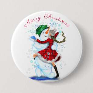 Christmas Button Gift Snowman and Girl Dance