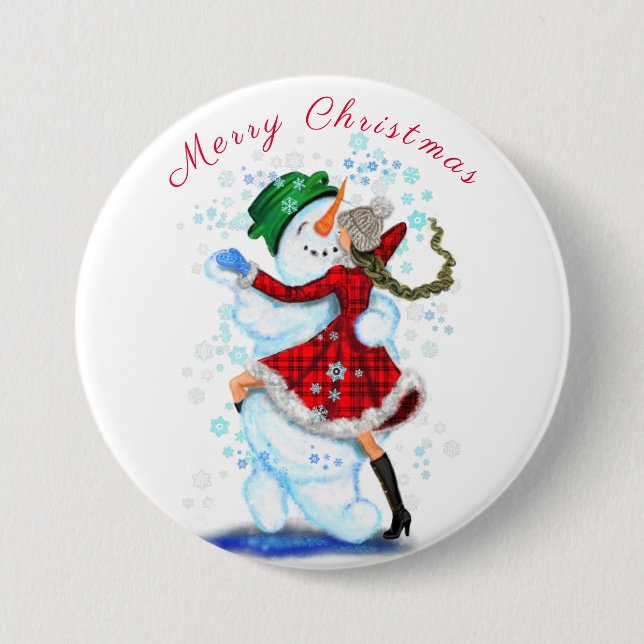 Christmas Button Gift Snowman and Girl Dance (Front)