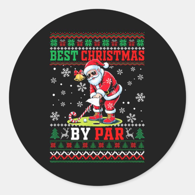 Christmas By Par Santa Sweater Playing Golf Golfer Classic Round Sticker (Front)