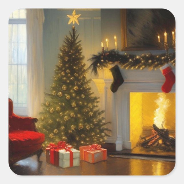 Christmas by the Fire Square Sticker (Front)