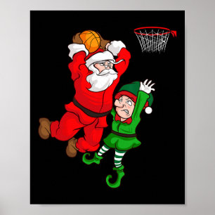 Christmas Bysketbyll Santa Claus Slam Dunk Elf Fun Poster