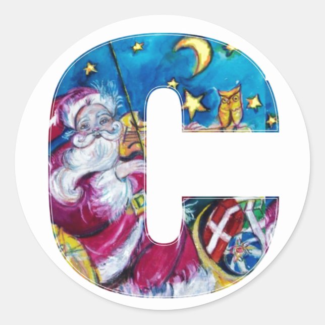 CHRISTMAS C LETTER / INSPIRED SANTA MONOGRAM CLASSIC ROUND STICKER (Front)