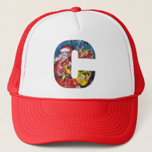 CHRISTMAS C LETTER  / SANTA  WITH GIFTS MONOGRAM TRUCKER HAT