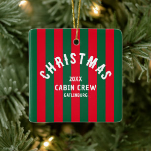 Christmas Cabin Crew Custom Red Green Stripe Ceramic Ornament