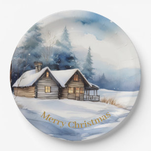 Christmas Cabin in snowy landscape Paper Plate