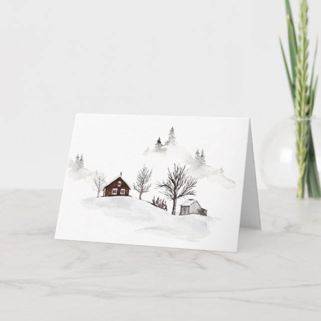 Christmas Cabin in the Mountains Scene Holiday Card (Front)