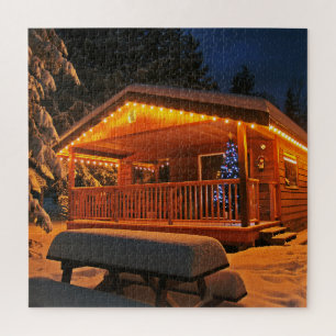 Christmas cabin snow night jigsaw puzzle