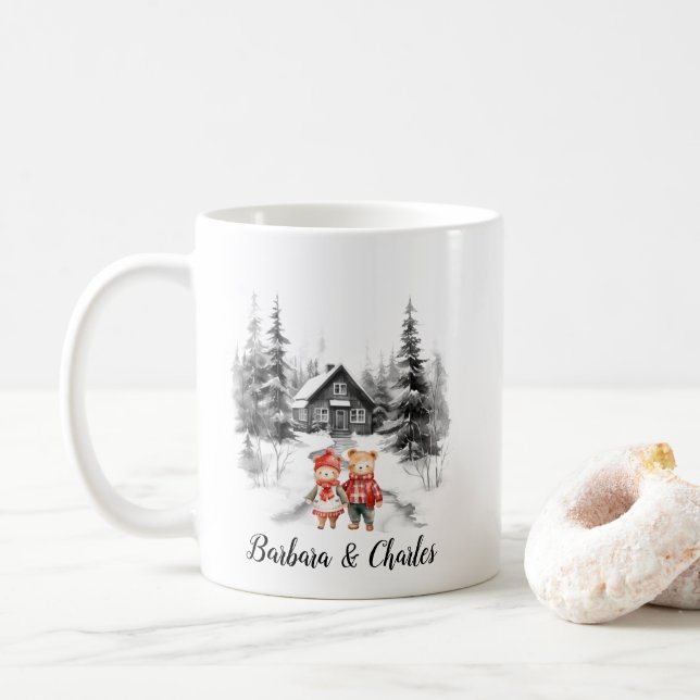 Christmas Cabin Woods Newlywed Couple Minimalist Coffee Mug (With Donut)