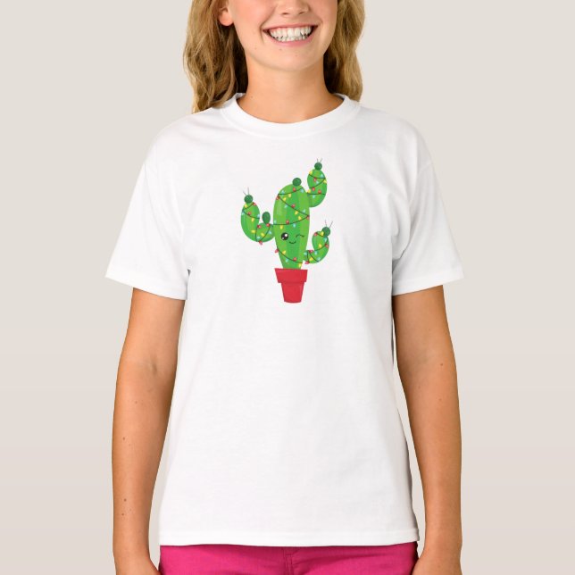 Christmas Cactus, Christmas Lights, Cute Cactus T-Shirt (Front)
