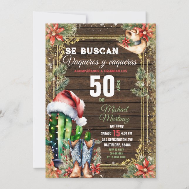 Christmas Cactus Spanish 50 Años Vaquero Birthday Invitation (Front)