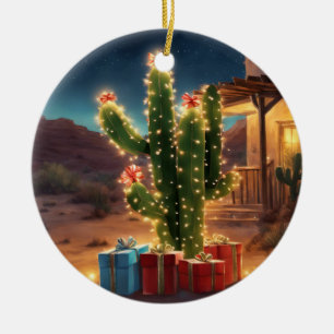 Christmas Cactus With Presents In Front Of A House Ceramic Tree Decoration