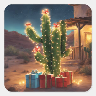 Christmas Cactus With Presents In Front Of A House Square Sticker