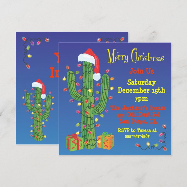 Christmas Cactus with Santa Hat Invitations (Front/Back)