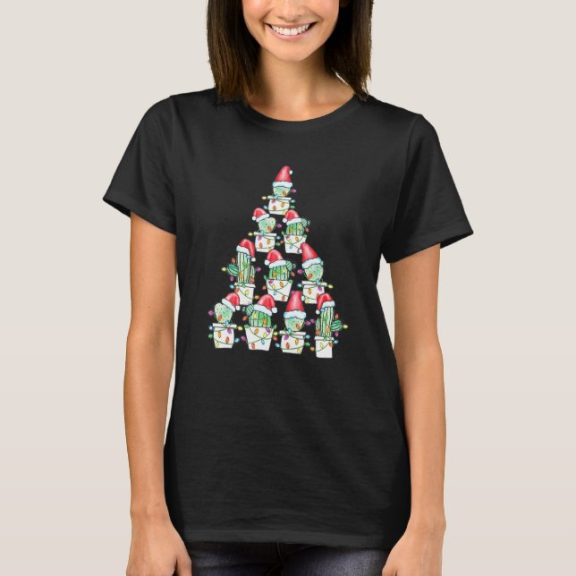Christmas Cactus Xmas Tree Lights Succulent Cactus T-Shirt (Front)