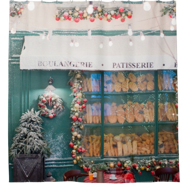 Christmas cafe bakery exterior with Christmas deco Shower Curtain (Front)