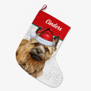 Christmas Cairn Dog with Name Woof Background Large Christmas Stocking