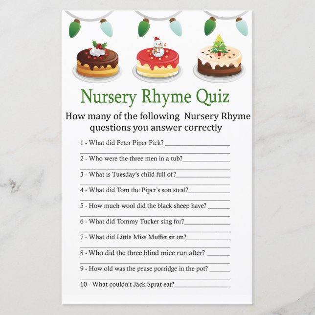 christmas cake Nursery Rhyme Quiz baby shower game (Front)